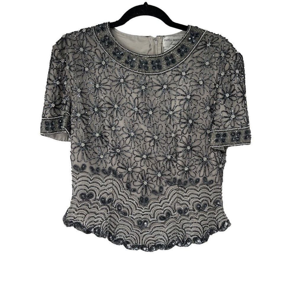 Papell Evening Silver Blue Flower Beaded Silk Short Sleeve Top Womens M